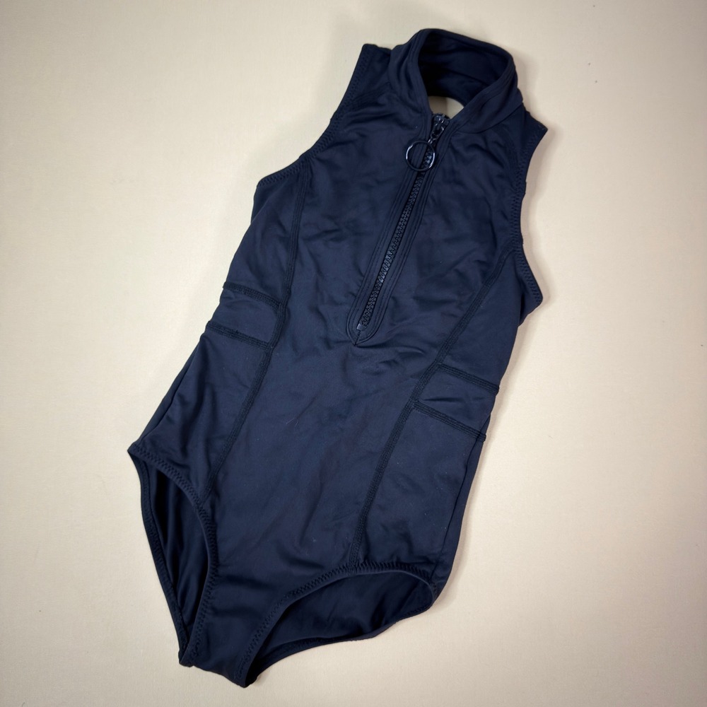 Black Sleeveless Quarter Zip Strappy Back One Piece Swimsuit Kids